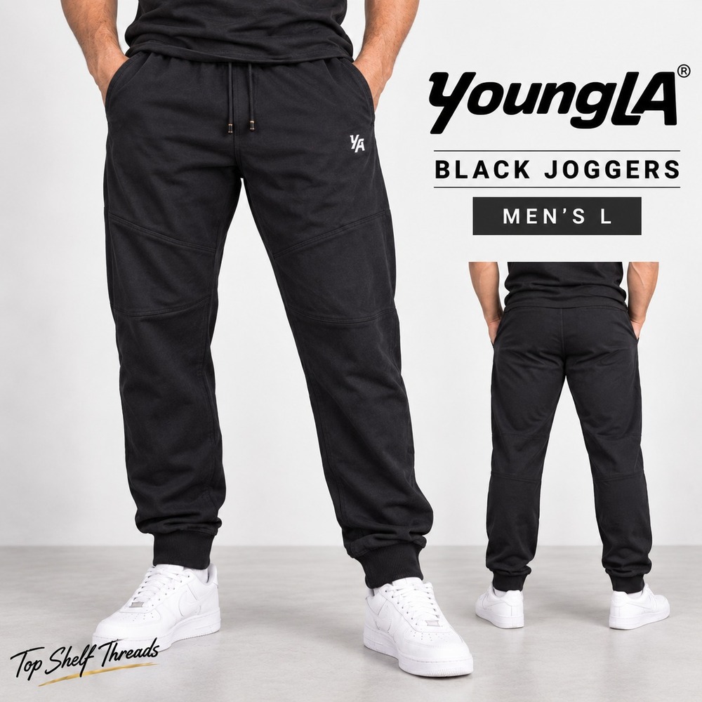 YoungLA Kick Back Men L Black Joggers Cotton Blend Tapered Zip Pocket Gym Logo
